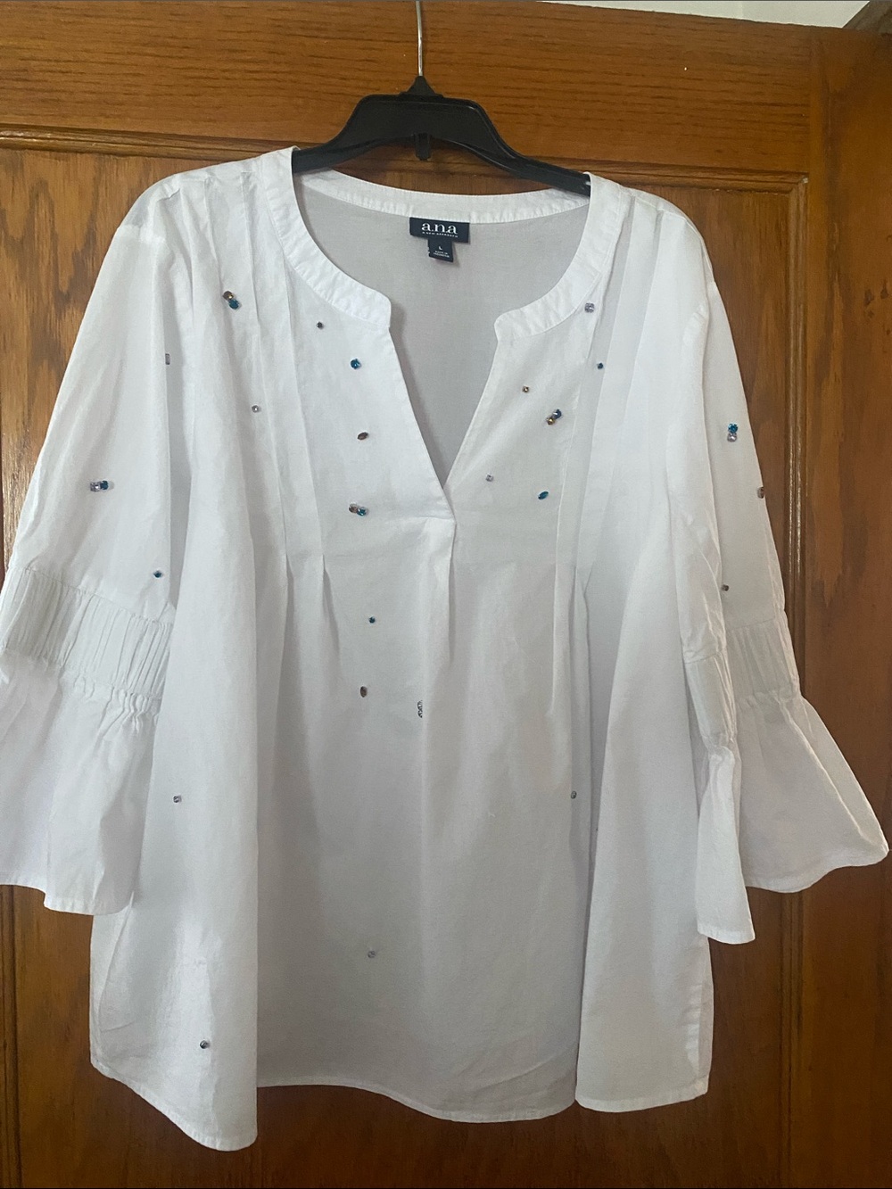 a.n.a White Peasant Tunic with Blue Bead Accents